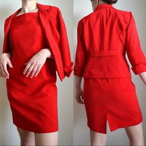 vintage red suit jacket and dress set from plaza south petite 
labeled size 4P